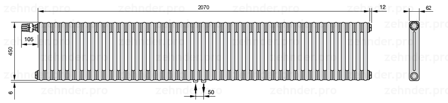 Схема (чертеж) Радиатор Zehnder Charleston 2045/45 №V007 Белый глянцевый RAL 9016